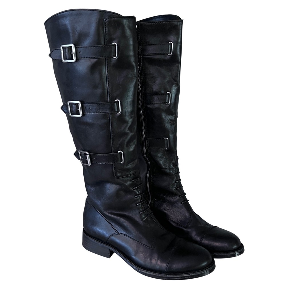Vince Camuto Black Leather Buckle Strap Knee High Riding Boots 7.5 M